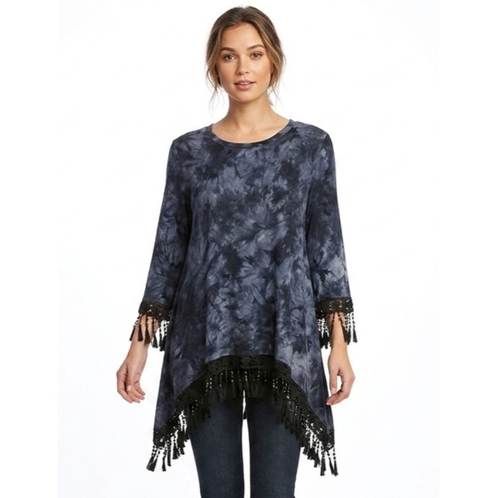 YA Los Angeles Tunic Top Womens M Gray Tie Dye Asymmetrical Fringe Hem YL19050